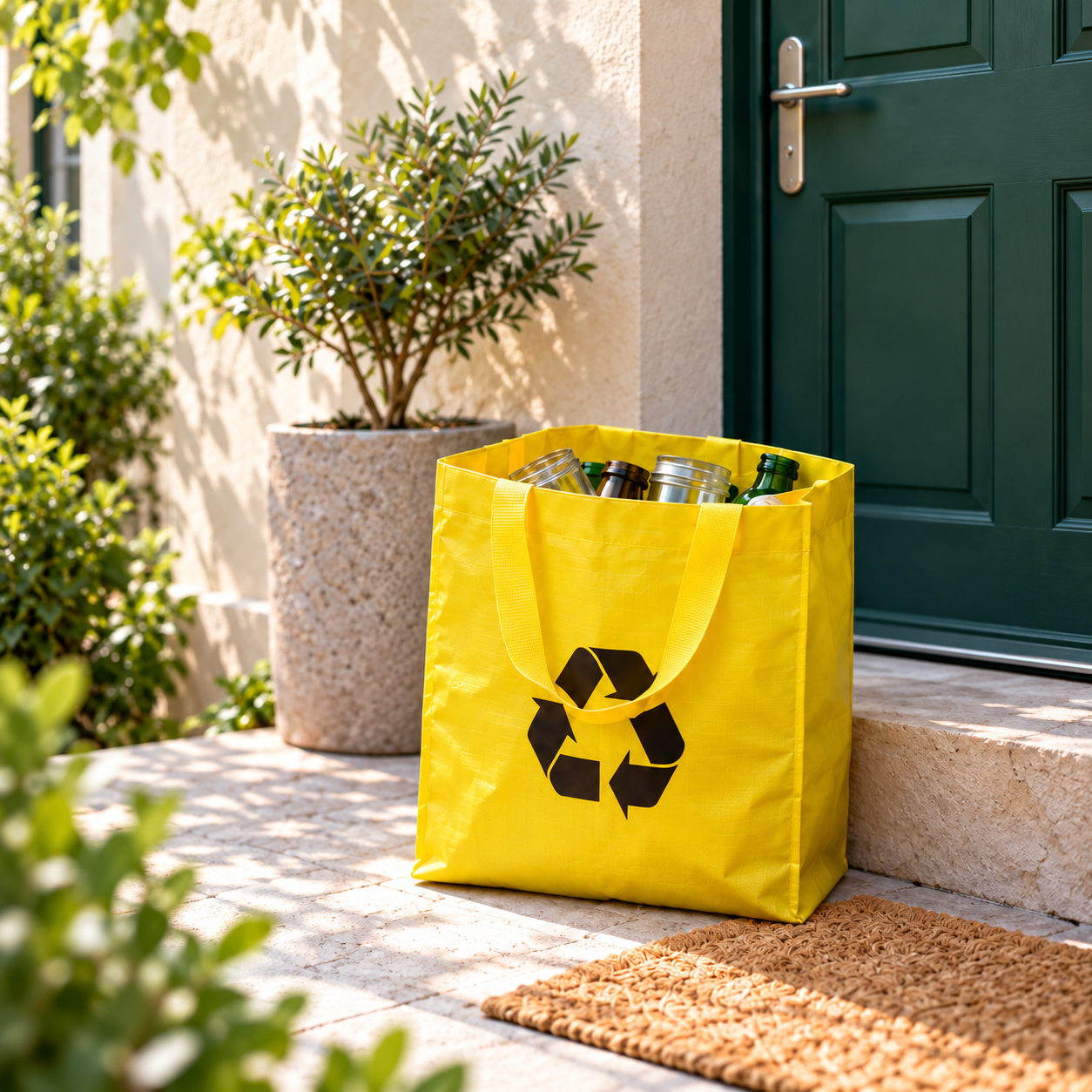 Le sac jaune de collecte du verre devant une porte verte